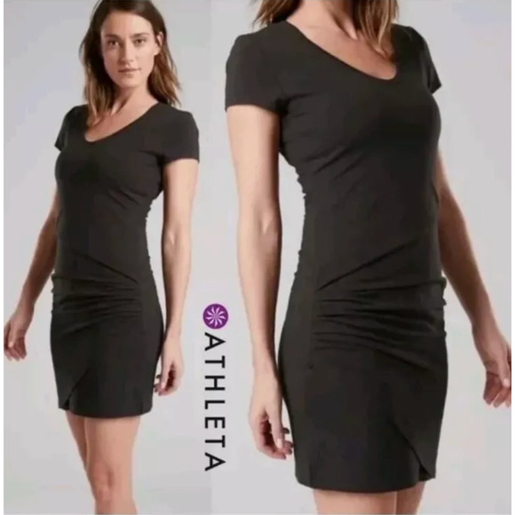 Athleta Womens Central Dress Black Ruched Short Sleeve Stretch Pima Cotton Small - Picture 1 of 6